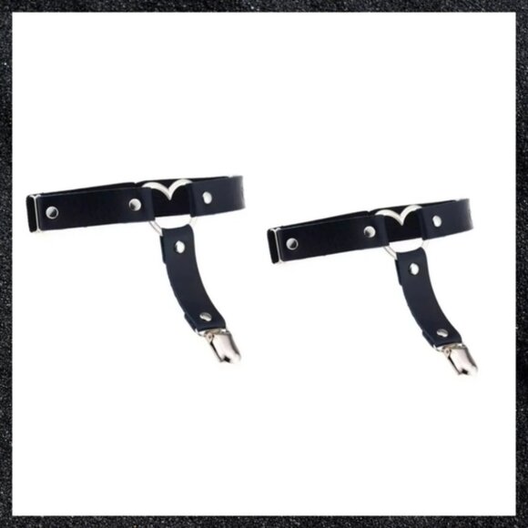 Dazed Fantasy Accessories - Dark Blue Studded Open Heart Leather Thigh Garter Harness Pair Set